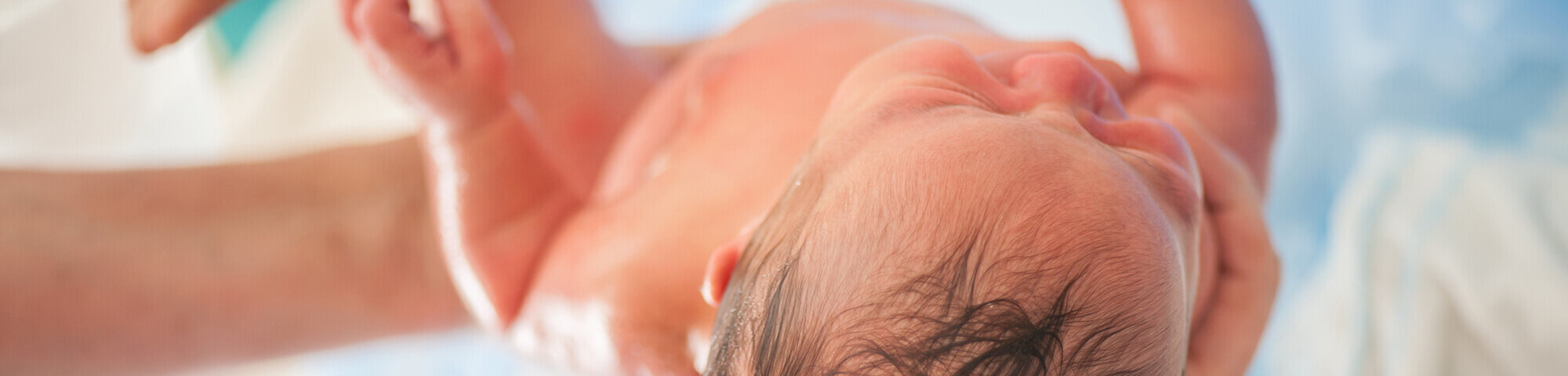 Neugeborenes kurz nach der Geburt in den Händen der Hebamme